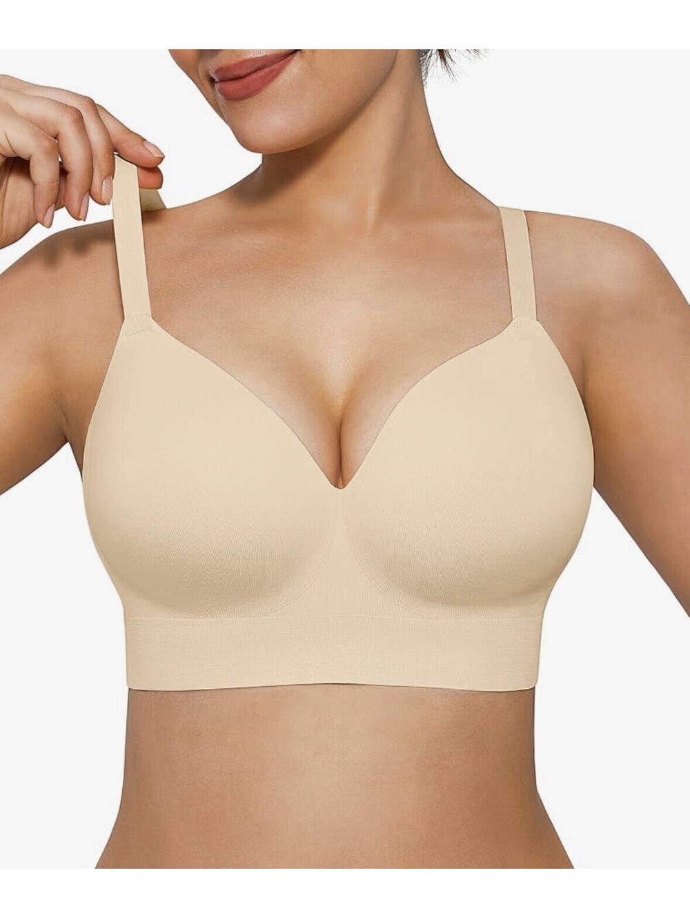 Popilush XL Jelly Wireless Seamless Bra T-Shirt Bra, Deep V Neck Nude
